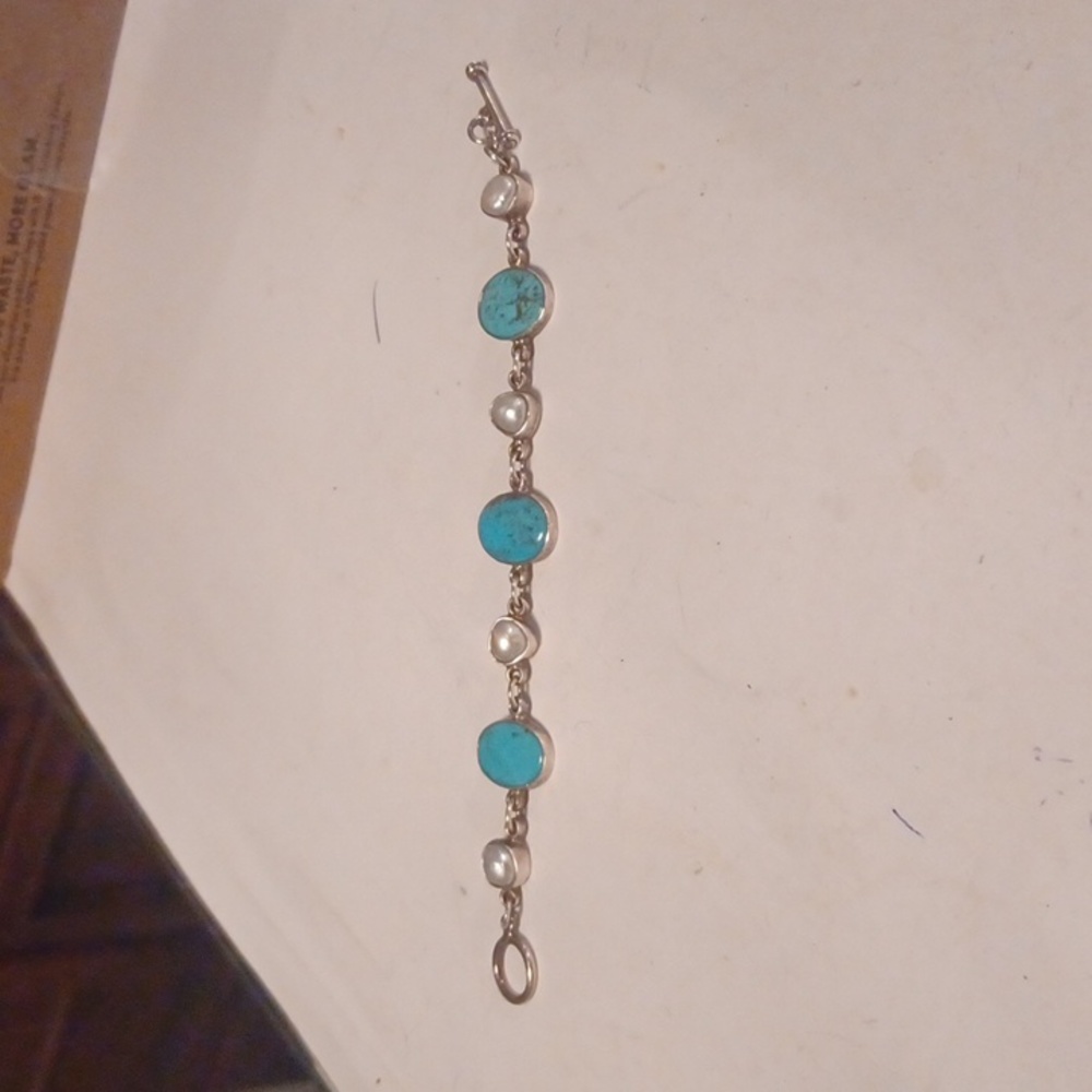 GENUINE TURQUOISE STERLING SILVER, MARKED 925 REAL PEARLS  BRACELET NWOT